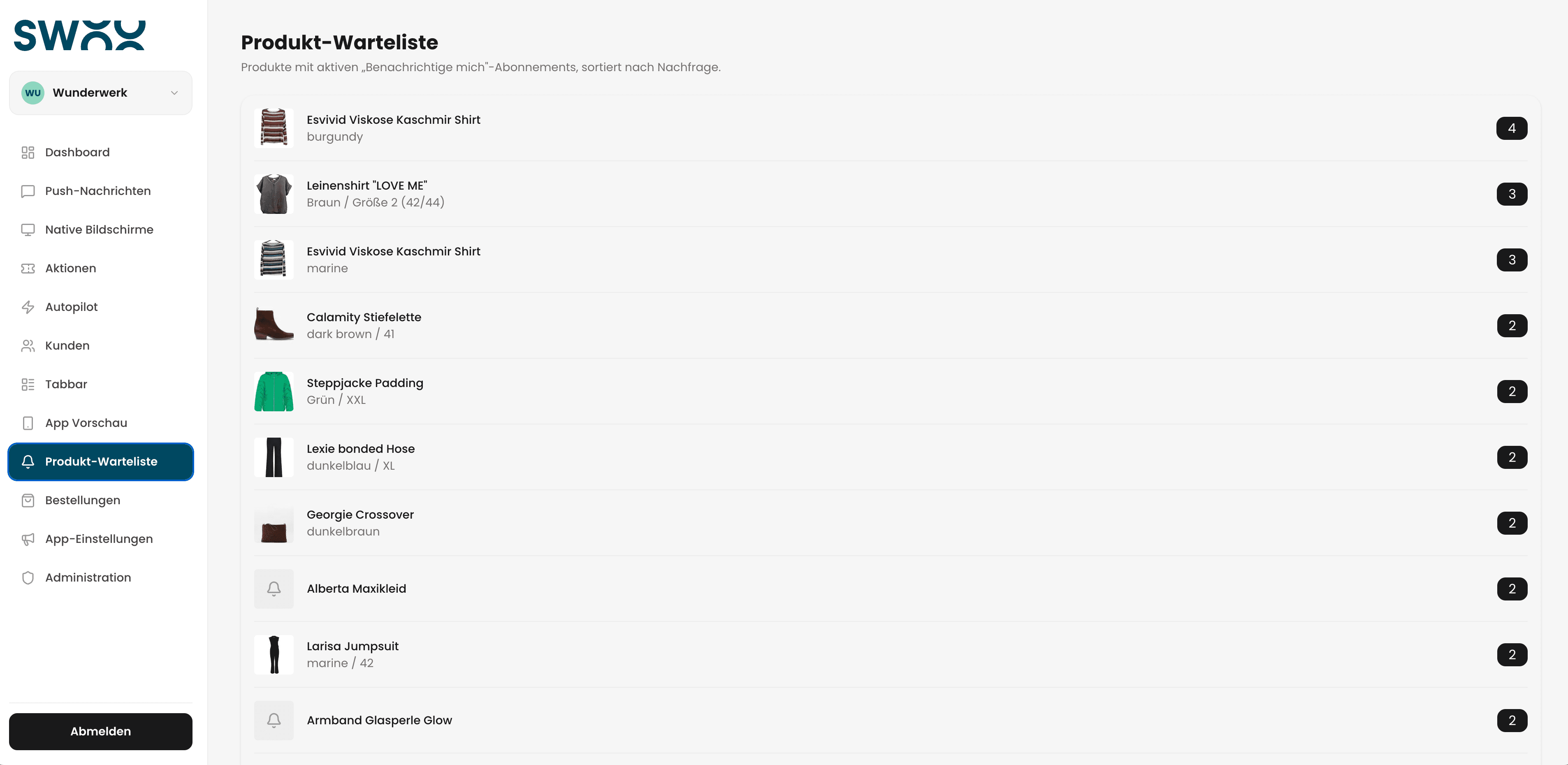 Backend-Ansicht der Warteliste